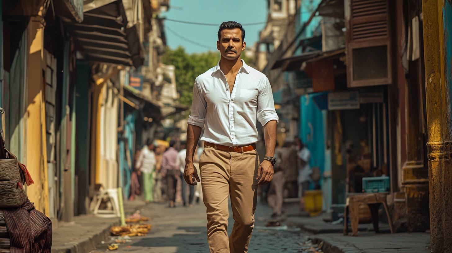 Manoj Bajpayee in fitted white shirt, Khakhee pants.