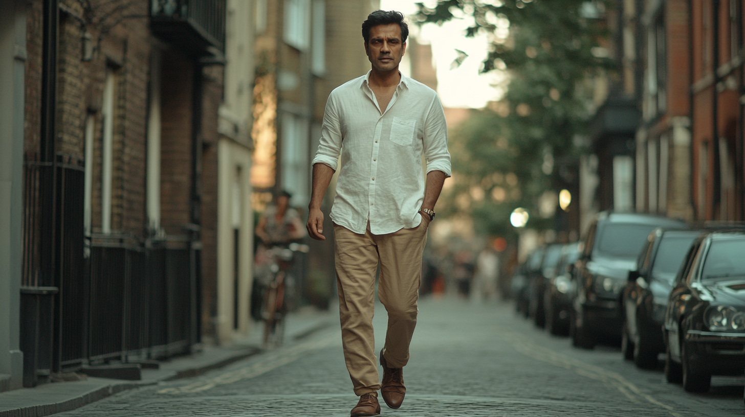 Manoj Bajpayee in stylish outfit on London streets.