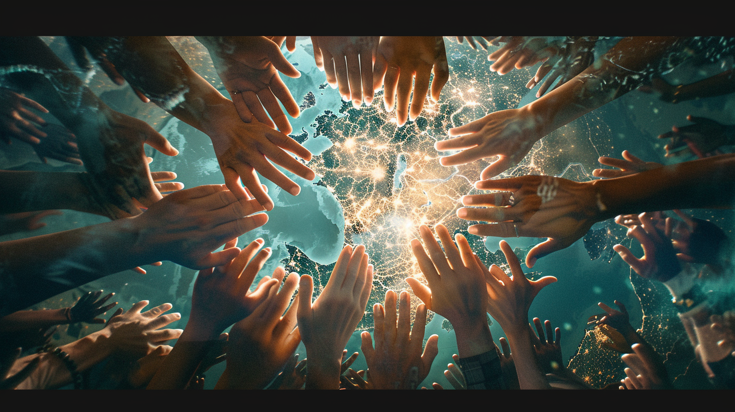 Many hands praying together over a serene map.