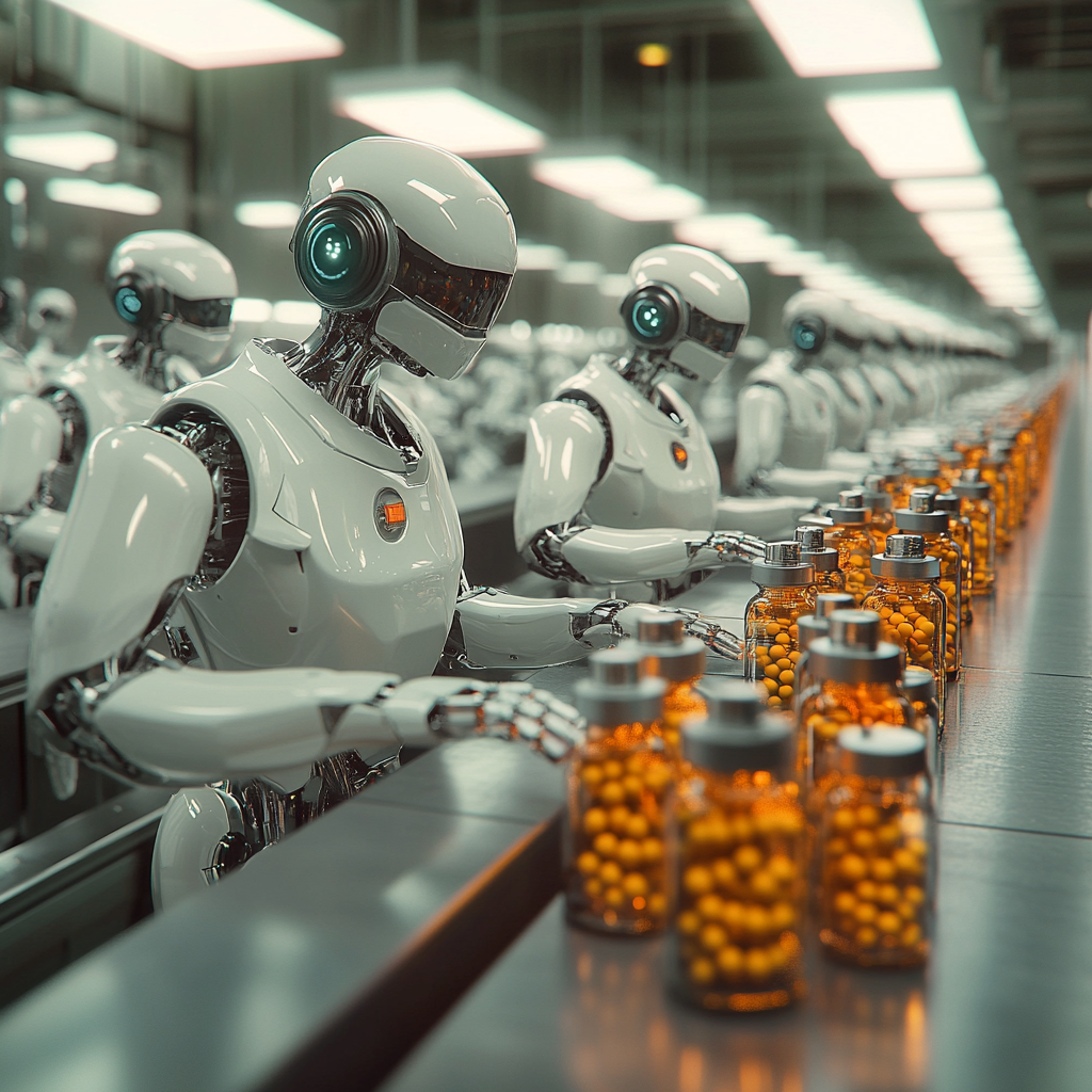 Many robots assembling medicine bottles with pills on line.