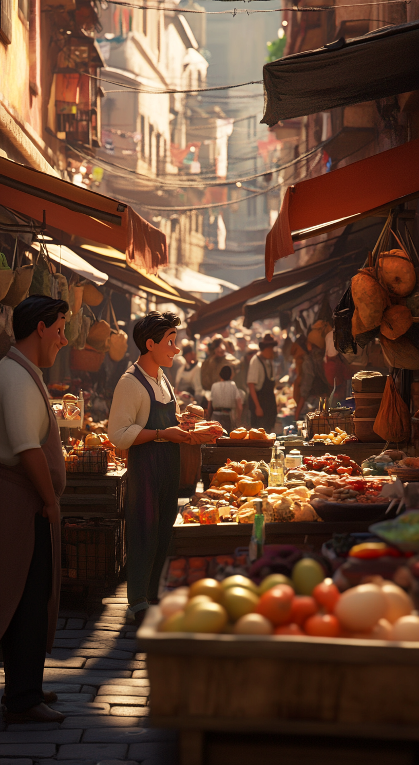 Many vendors in market, detailed, realistic Disney animation scene.