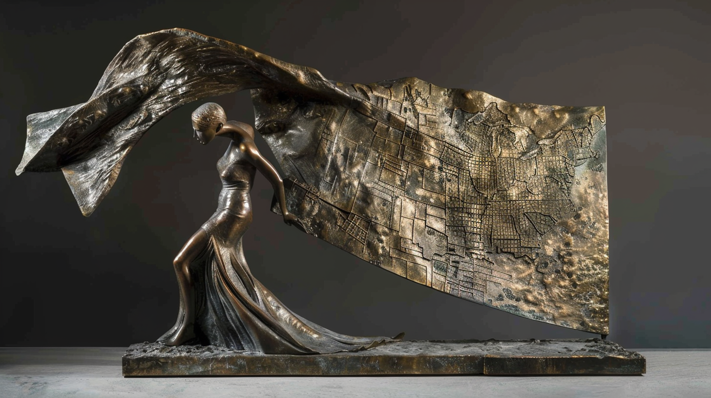 Map-bearing bronze statue embodying resilience, leadership, contemporary strength.