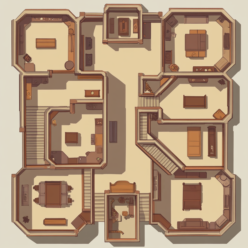 Map layout design: 6 unique rooms, 1 hallway