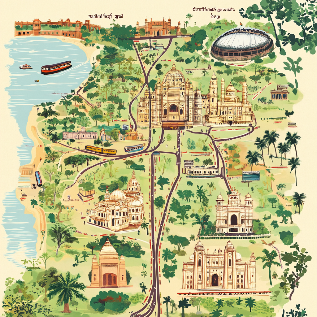 Map of Mumbai with starting point and landmarks.