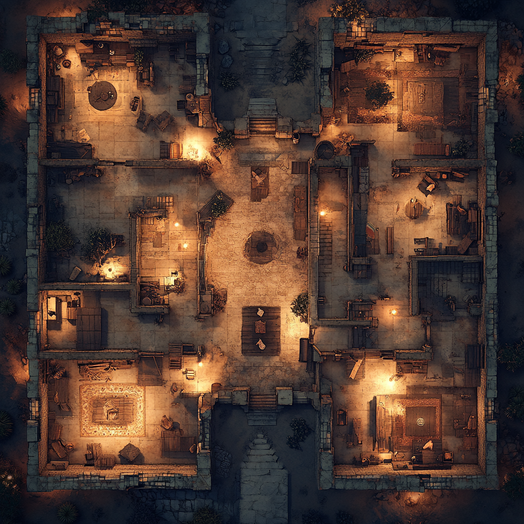 Map of fort's ground floor, dilapidated furnishings, at night.