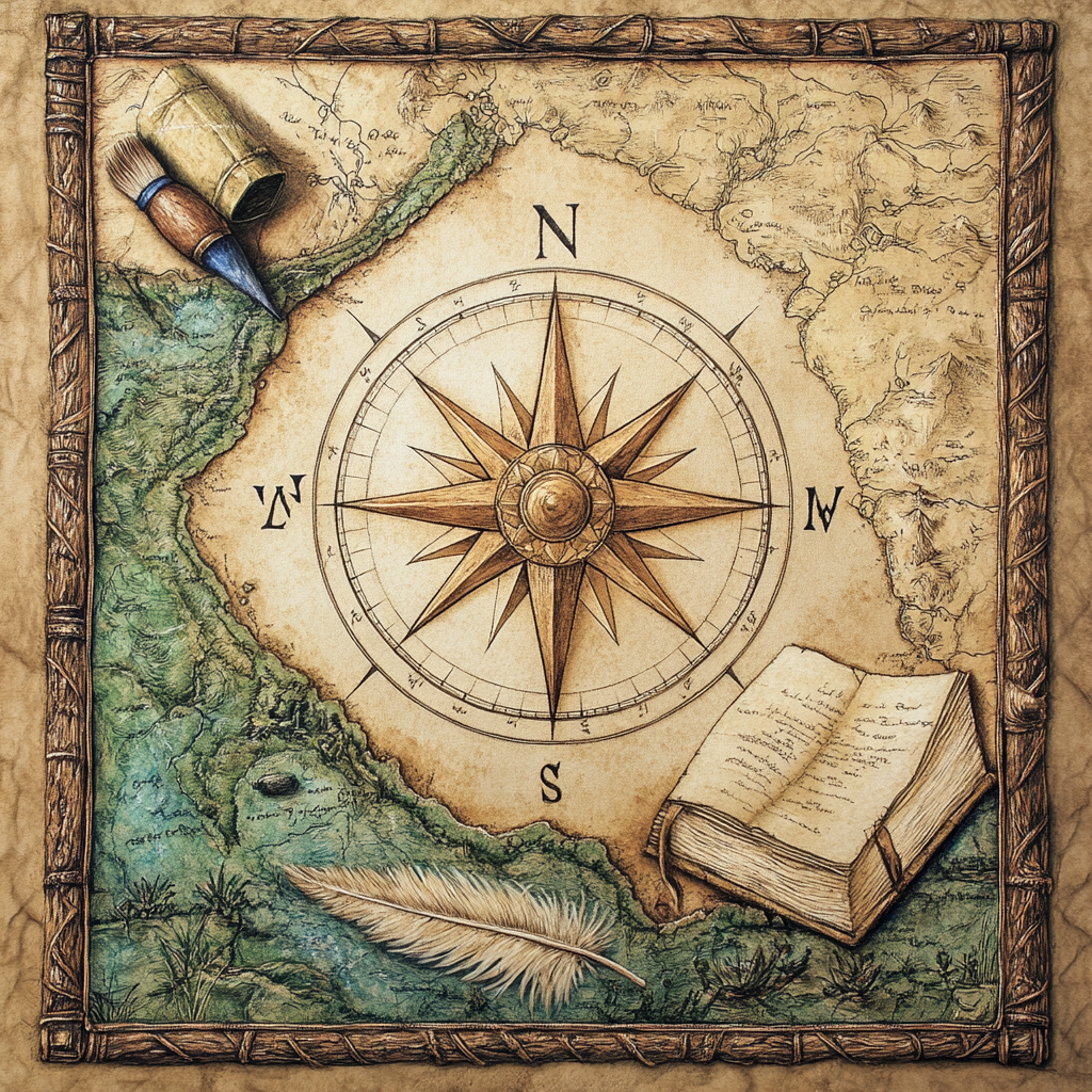 Map with compass rose surrounded by objects