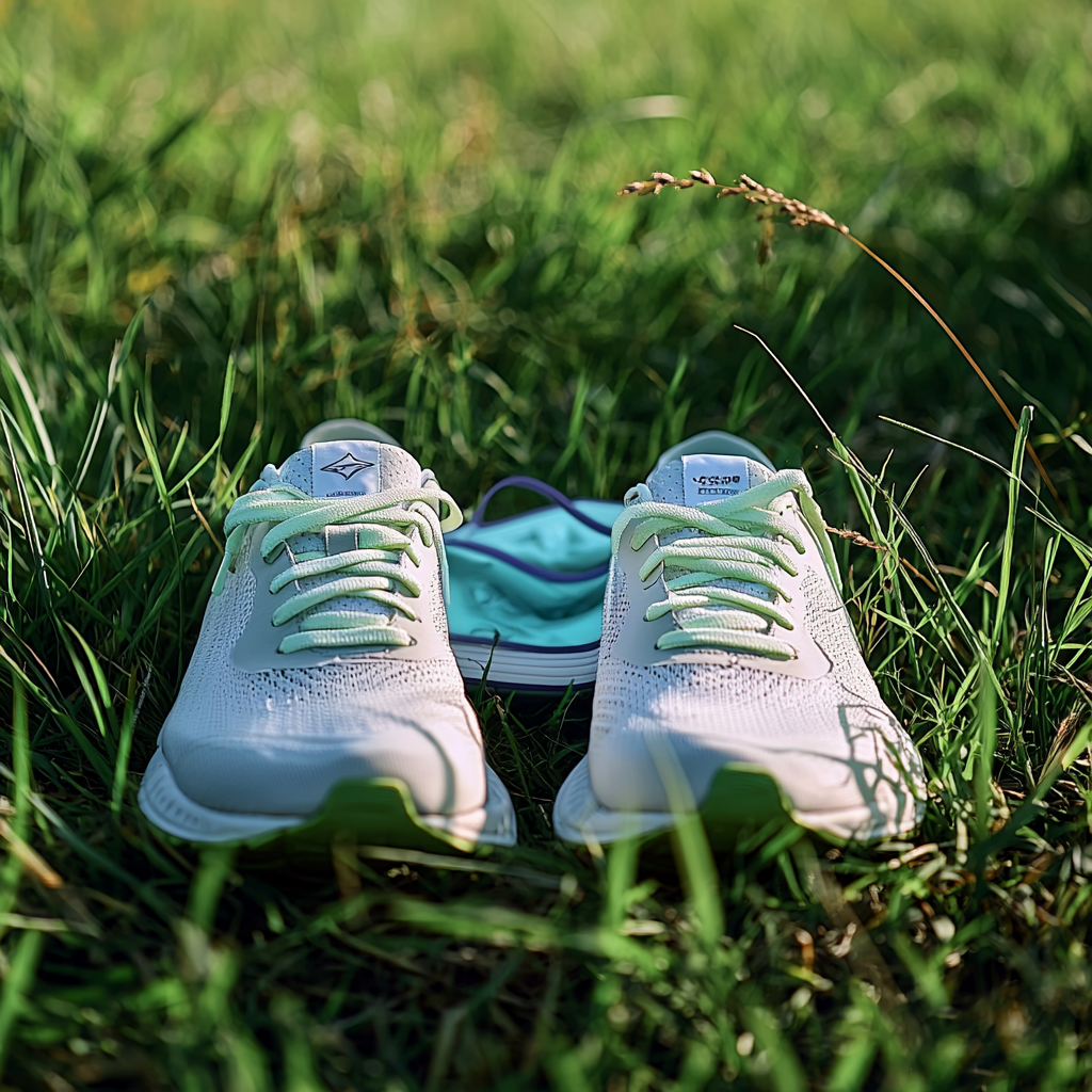 Marathon runner's shoes in soft, cool tones on grass