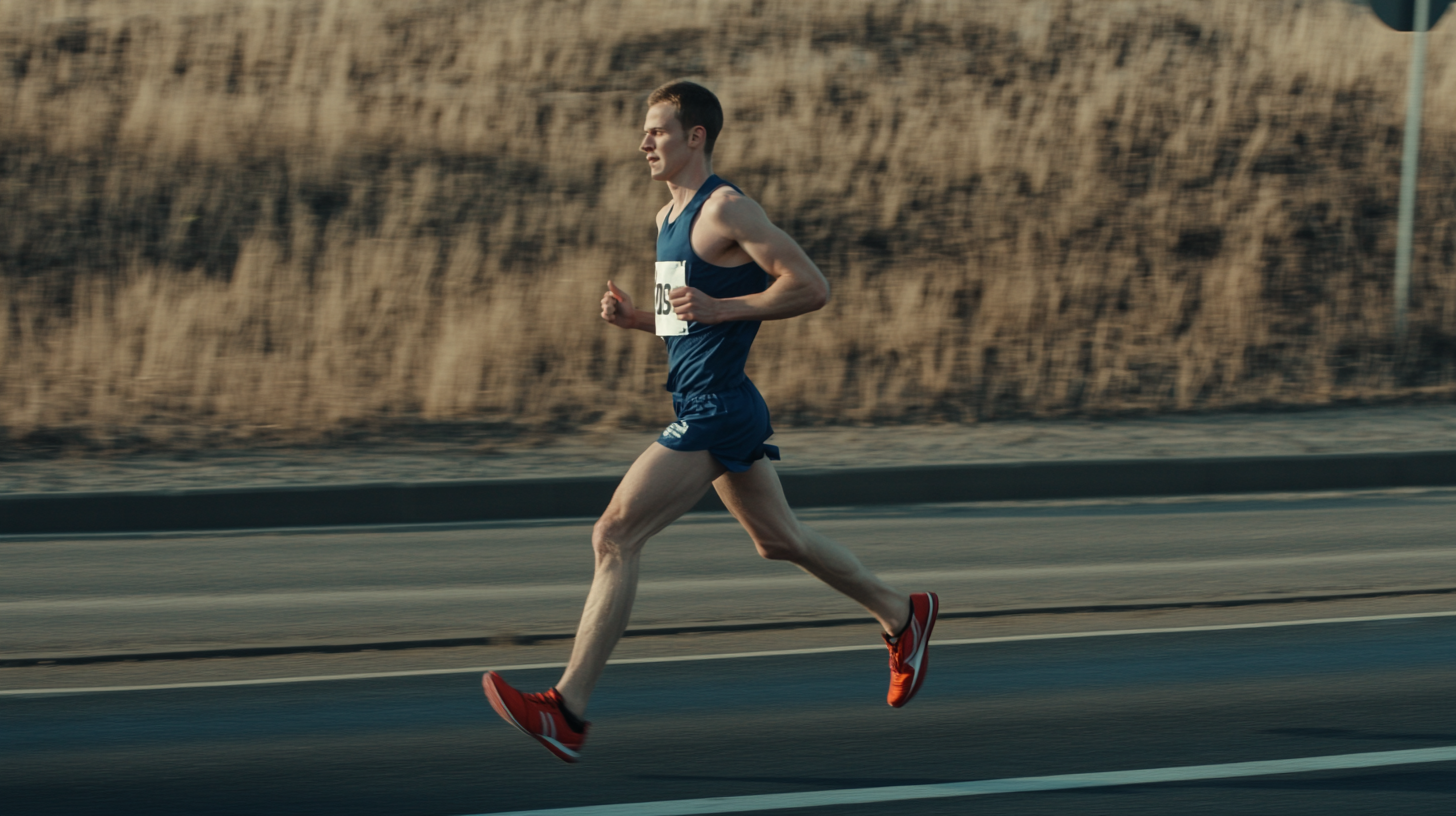 Marathon runners with blue uniforms and white numbers