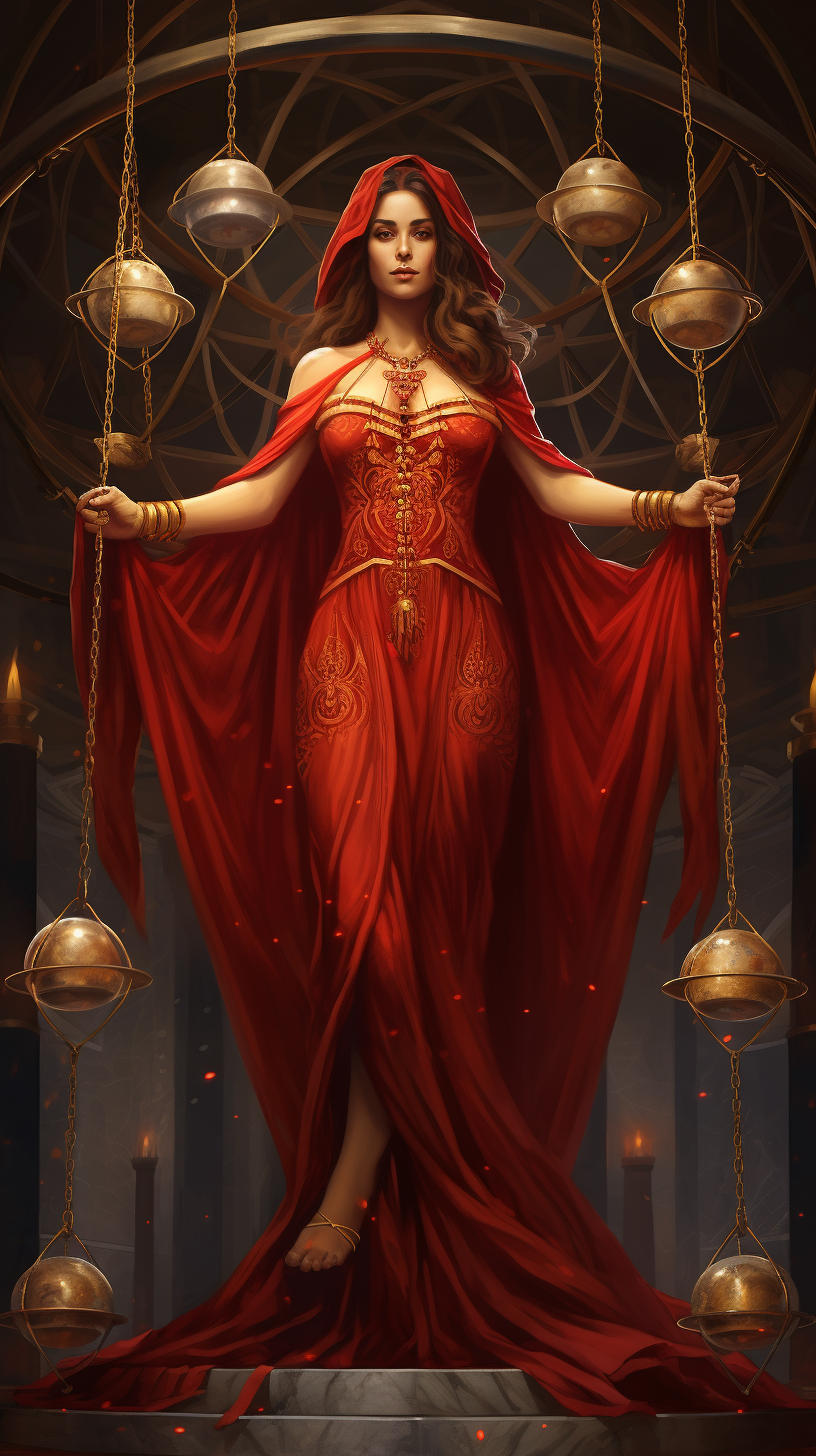 Marble Pillars setting, red priestess balances moon crescent.