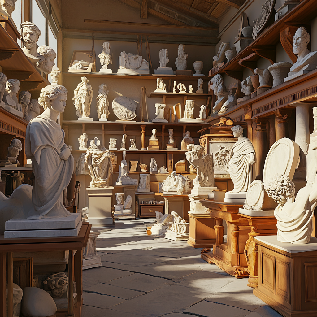 Marble statue workshop featuring classical sculptures.