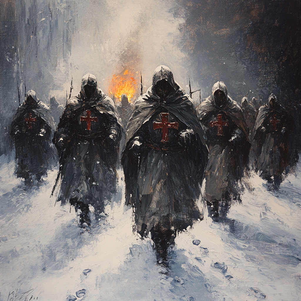 March of Templar Knights in Snowstorm