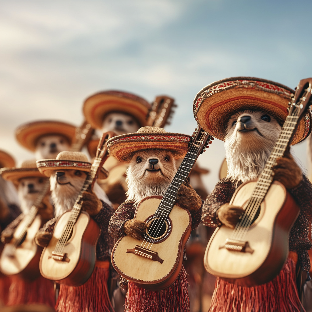 Mariachi alpaca group playing guitars with sobrero hat.