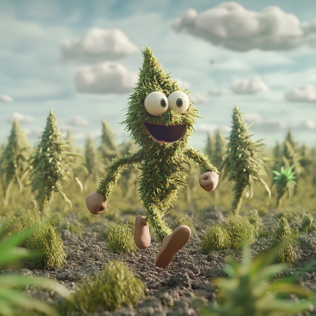 Marijuana nug character navigating minefield, Pixar-style, detailed cannabis love.