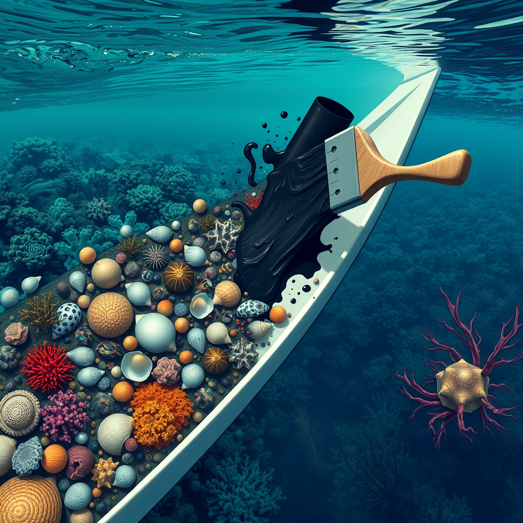 Marine life flee from black paint on yacht.