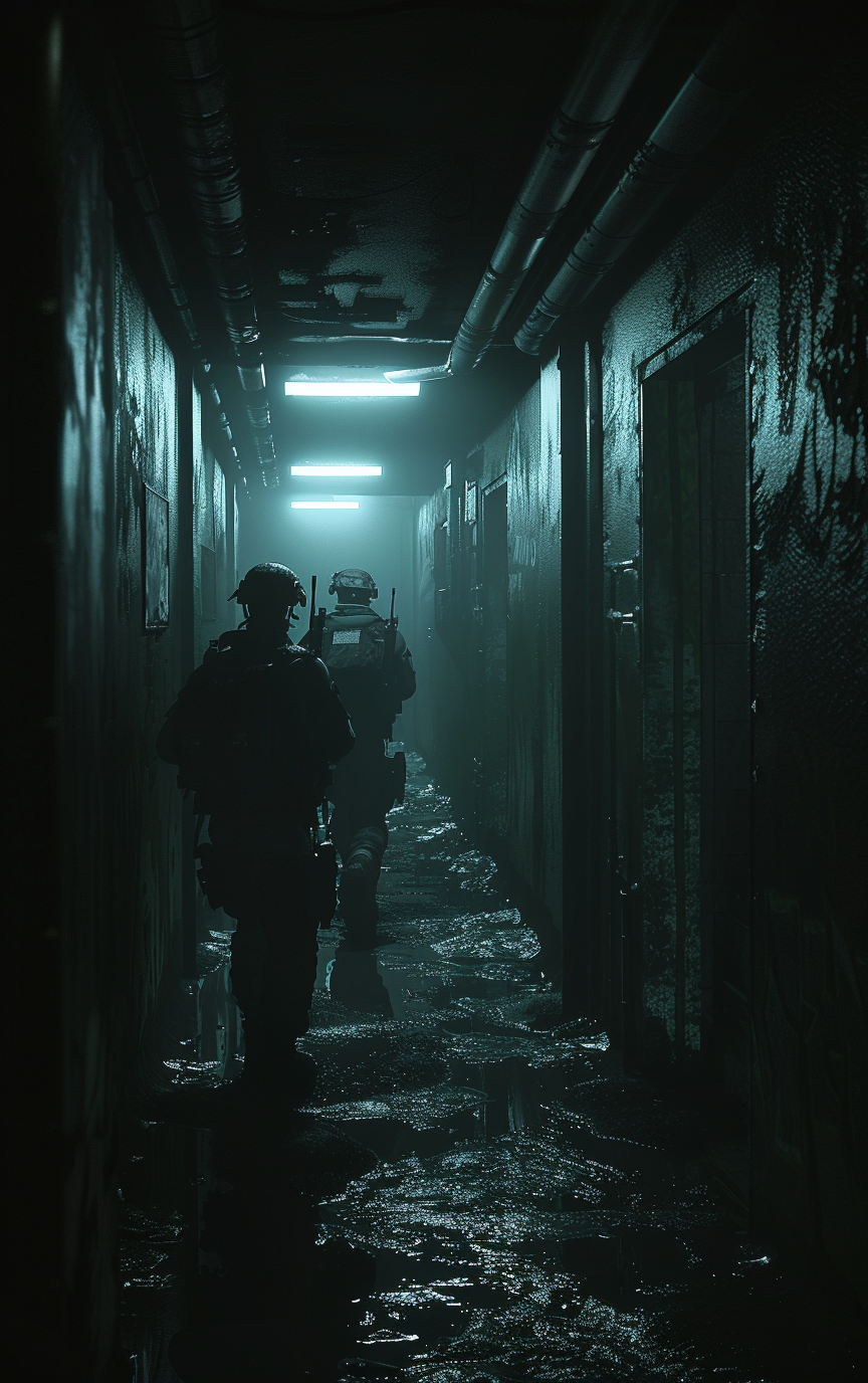 Marines shoot in spaceship hallway. Inspired by 1986 film.