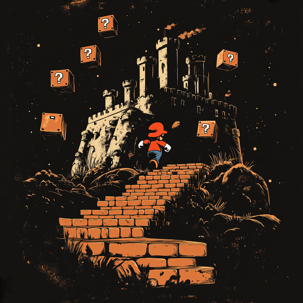 Mario in dark fantasy style walking to castle.