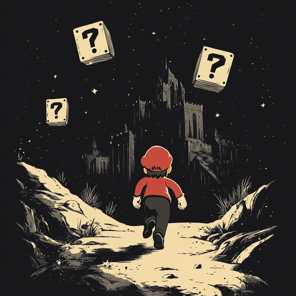 Mario walking towards Bowser's castle in fantasy graphic.