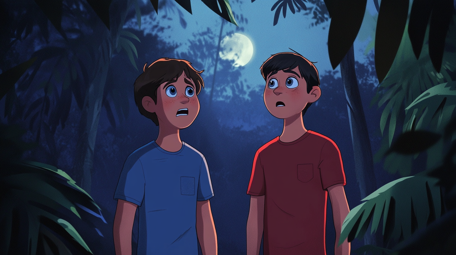 Mark in blue shirt and James in red t-shirt, under moonlit jungle with concern.