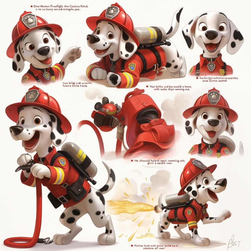 Marshall, Dalmatian firefighter, joyful, energetic with hose, flashing lights.