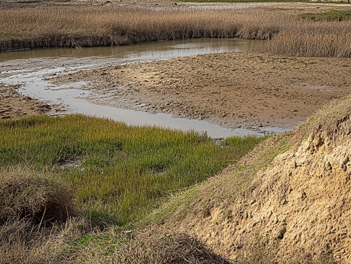 Marshes with Indigeneous vegetation surrounded by saline deposits.