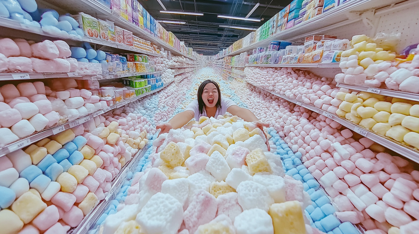 Marshmallow Man trapped in sticky selfie at the store.