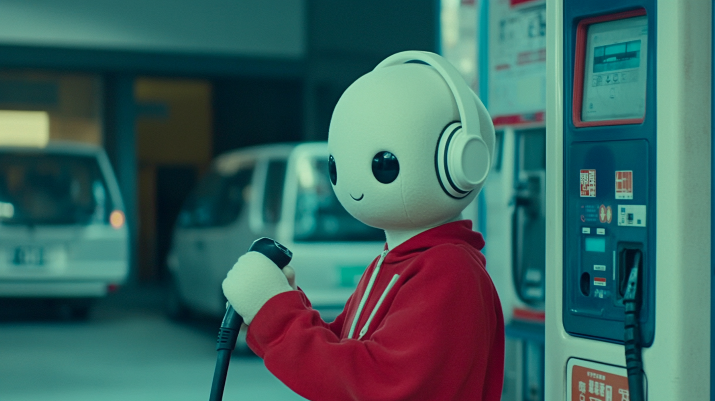 Marshmallow gas station worker fuels big truck wearing headphones.