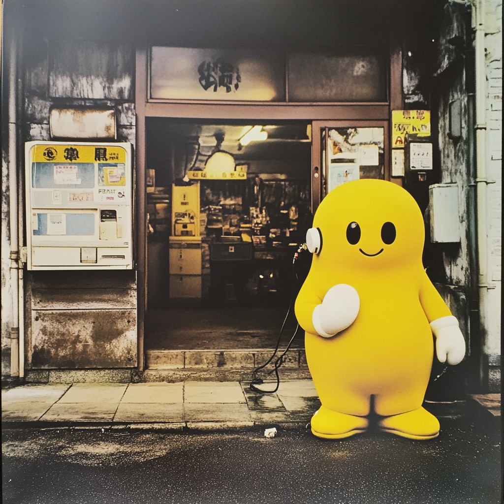 Marshmellow man with headphones working at gas station.