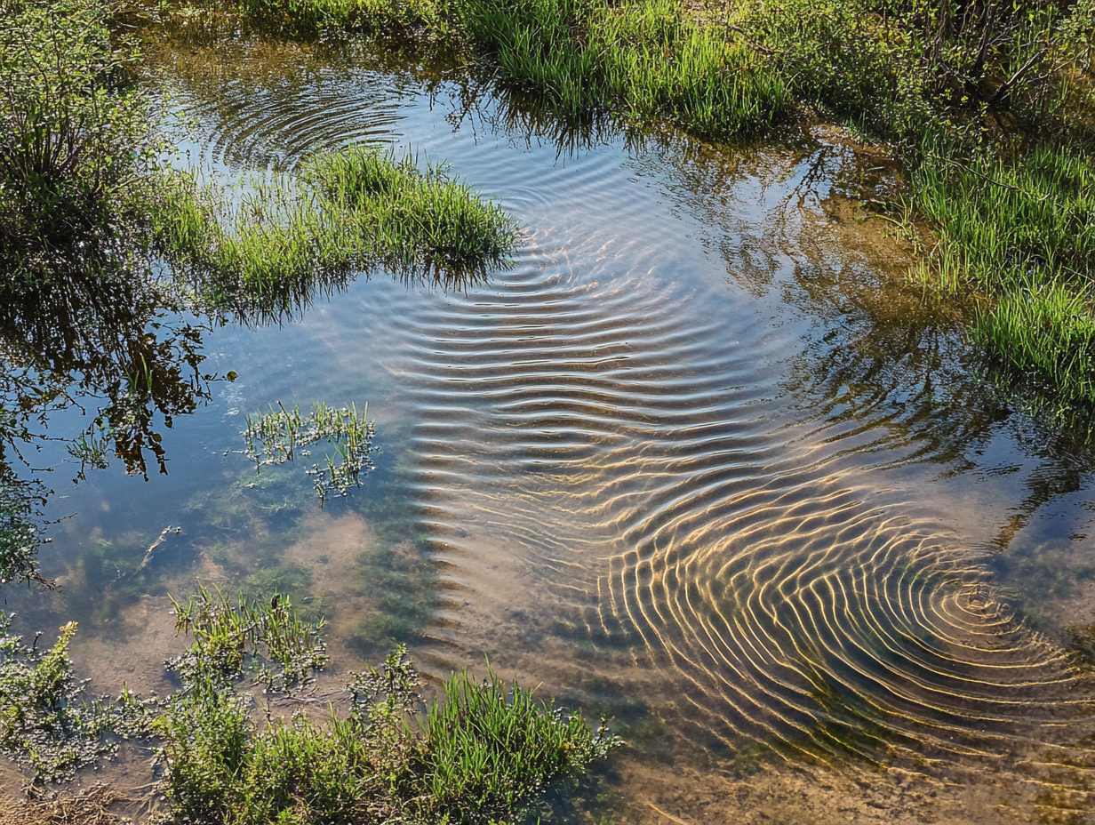 Marshy surface with vegetation, water reflecting sunlight, creating ripples.