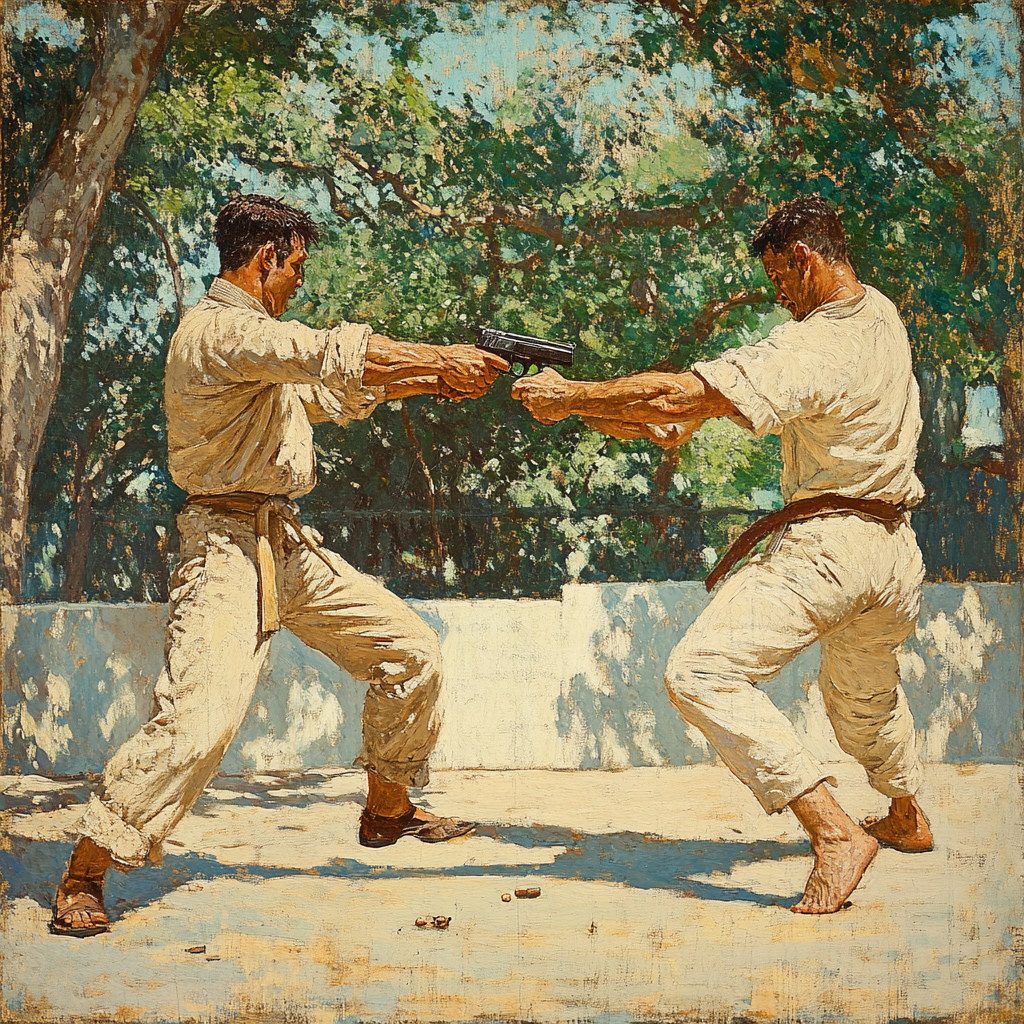 Martial artists wrestling in park with firearm, Rockwell style.