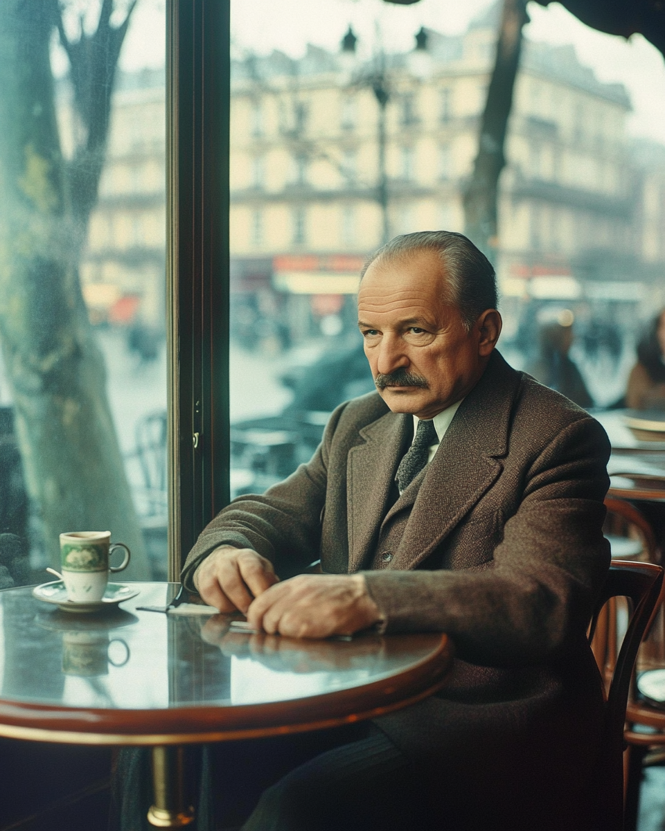 Martin Heidegger in 1950s Paris café, lost in thought.