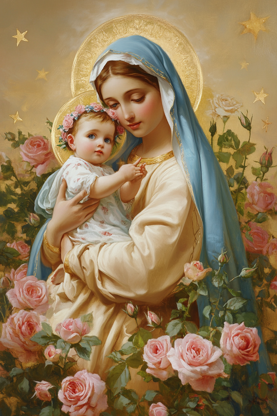 Mary holds baby Jesus amidst roses and stars