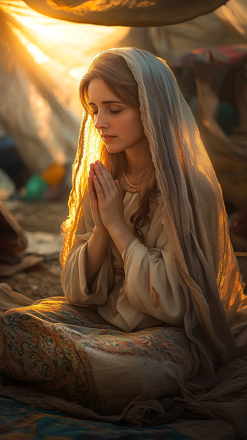 Mary praying in golden hour, high definition rendering.