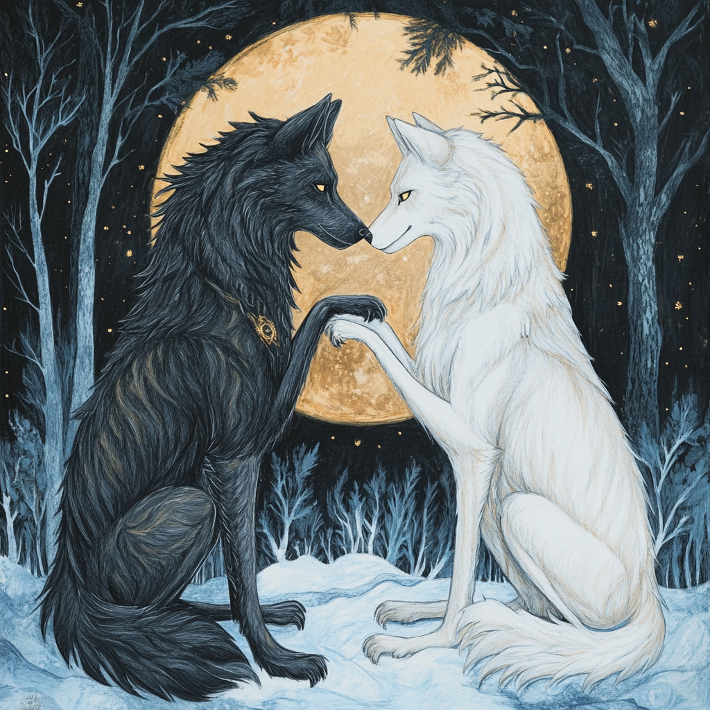 Masculine and feminine dire wolves playfully interact in forest.