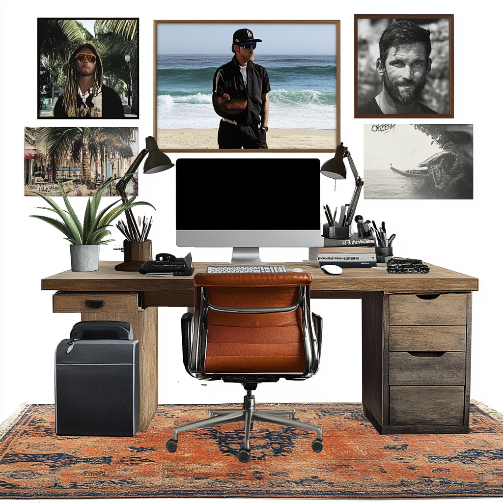 Masculine office with Dodgers, golf, surf, rum, NOLA, Cali.