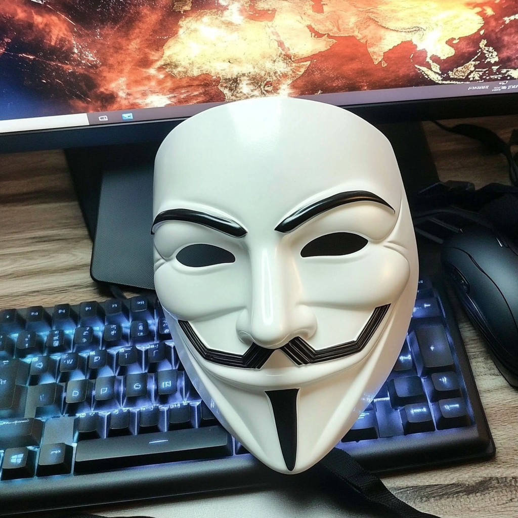 Mask covers keys on computer, world map on monitor