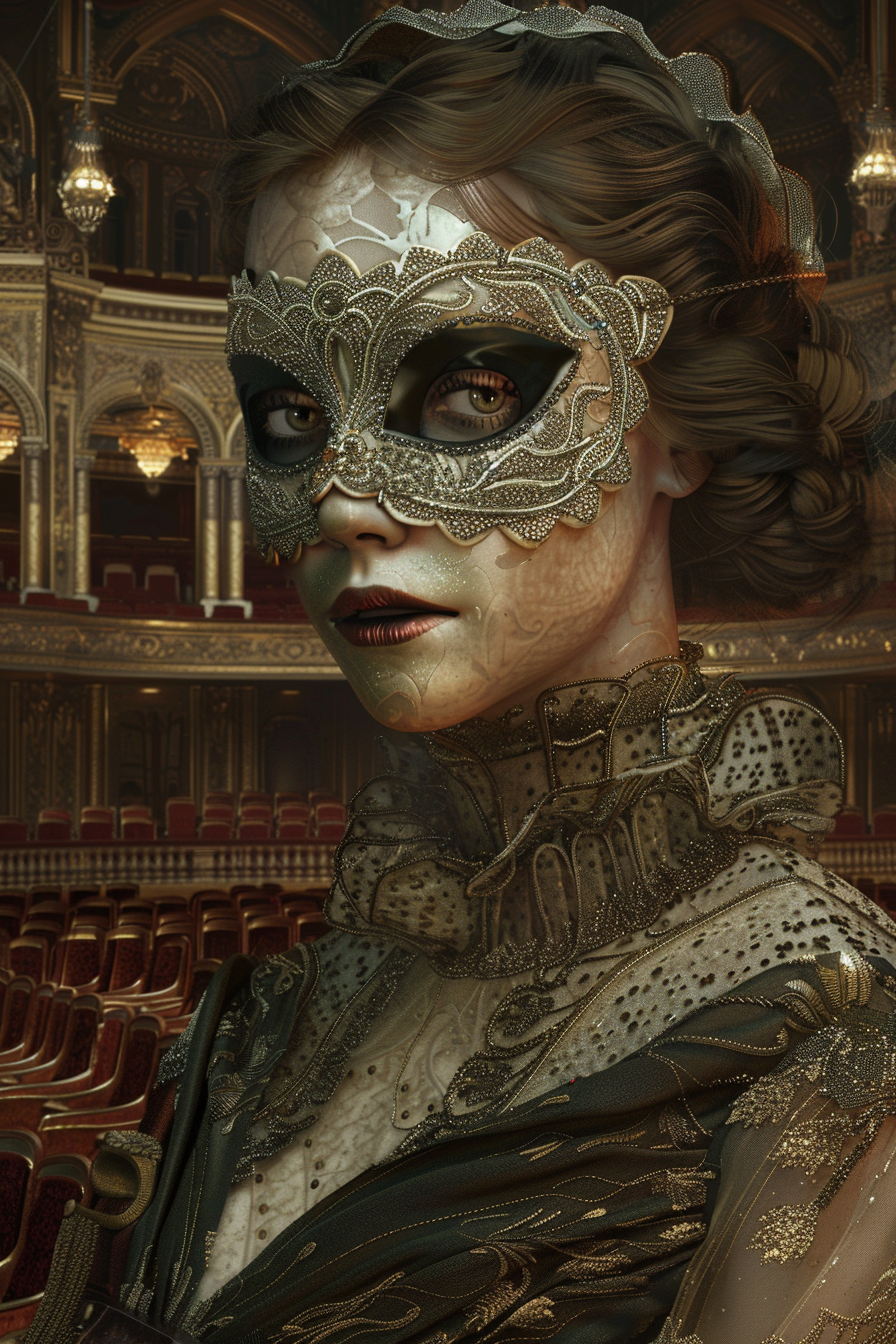 Masked woman in ghostly dress at eerie opera house