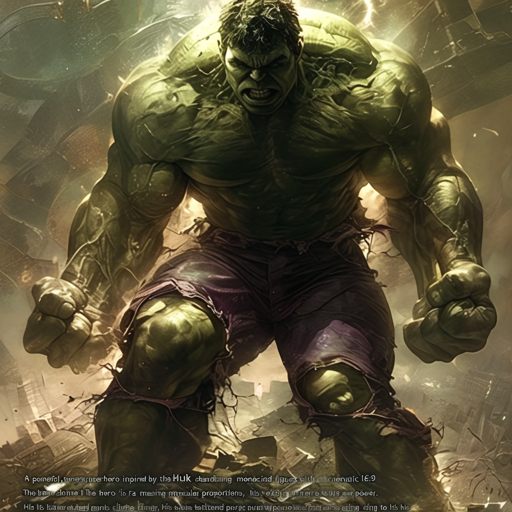 Massive, muscular green superhero in dramatic stormy background.