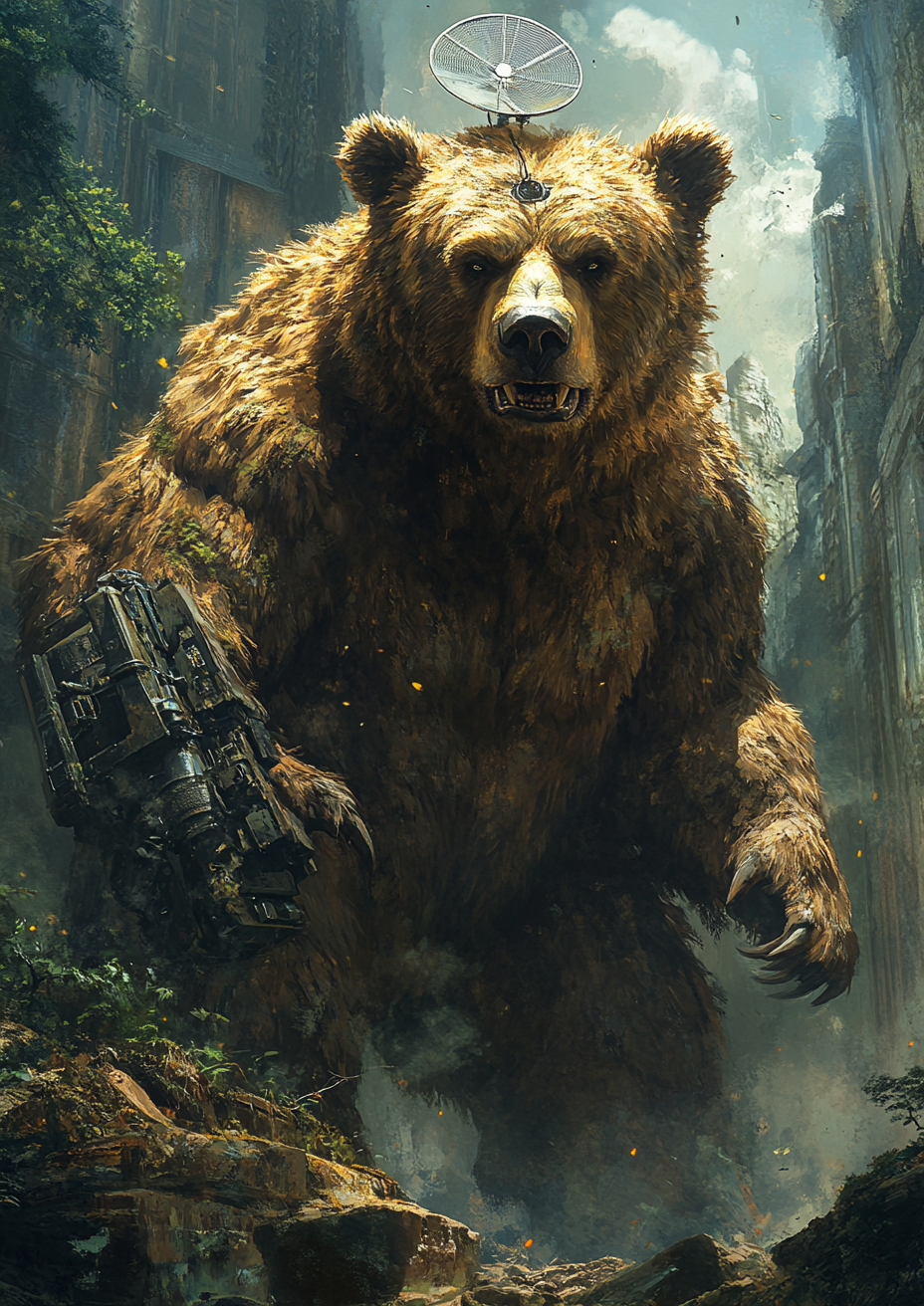 Massive angry bear in woods with mechanical arm.