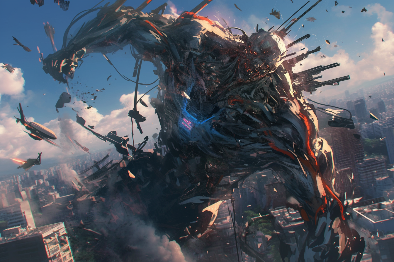 Massive cybernetic man destroying building in detailed horror art.