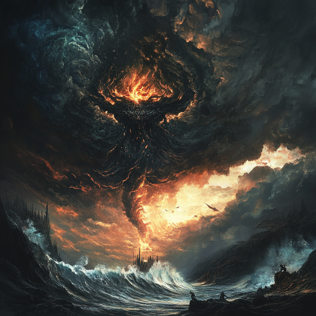 Massive demon looming in fiery sky, abyssal landscape below.