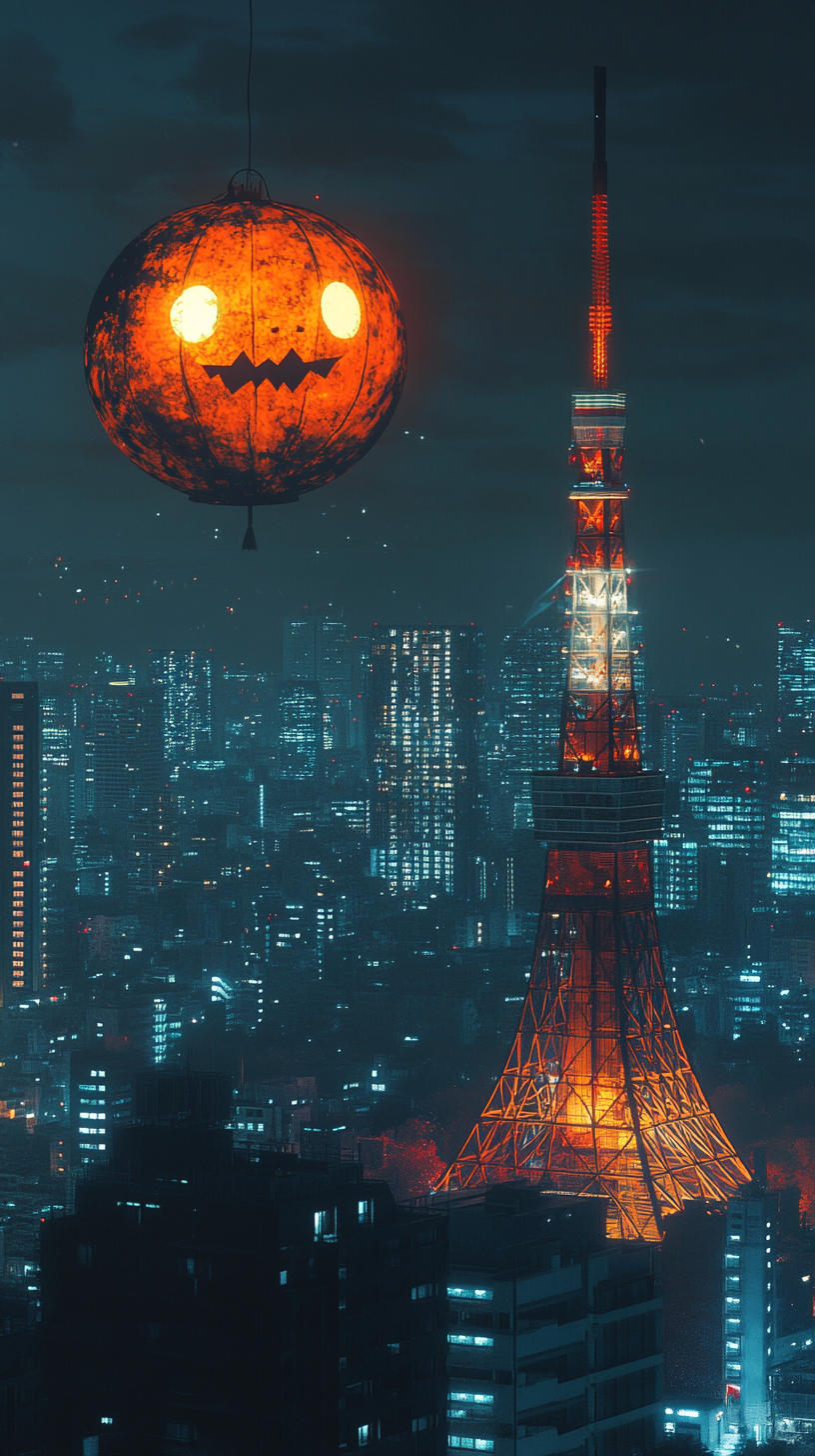 Massive lantern yokai floats over Tokyo Tower, illuminating streets.