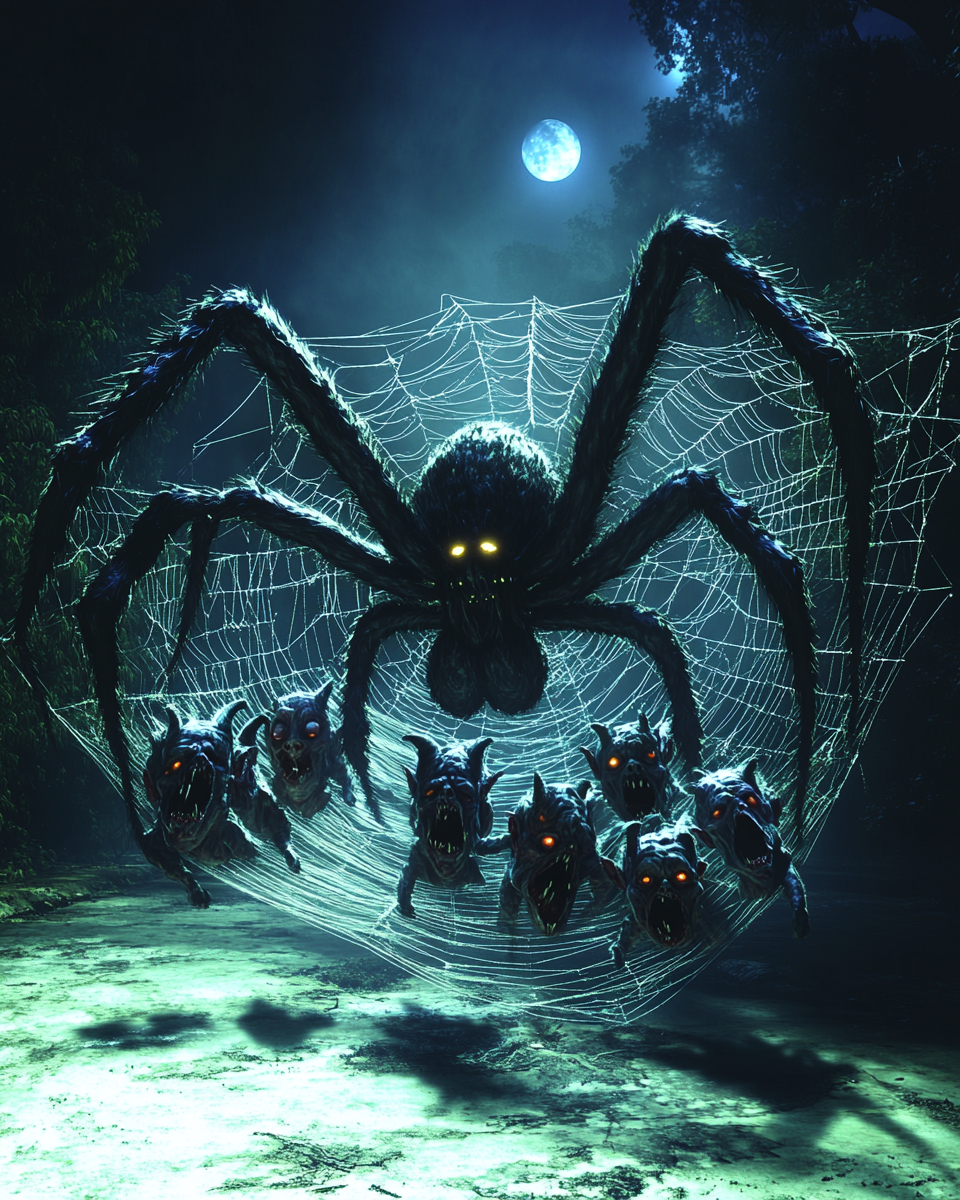 Massive spider traps goat-headed humans in dark forest.