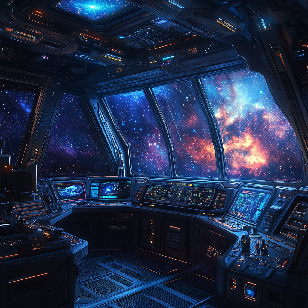 Massive starship control room traveling through space, galaxies view