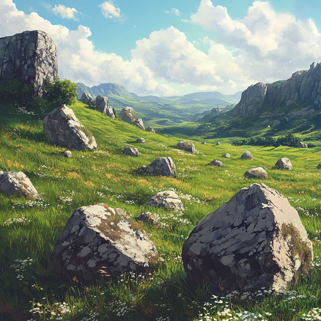 Massive stones in grass field fantasy landscape