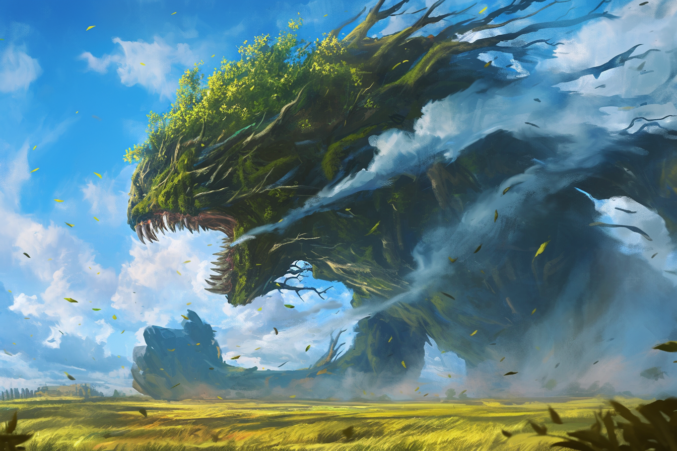 Massive wind monster confronts tornado in stunning artwork.