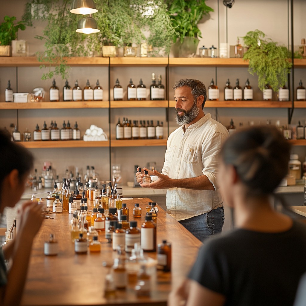 Master perfumer teaches students blending fragrances with oils.