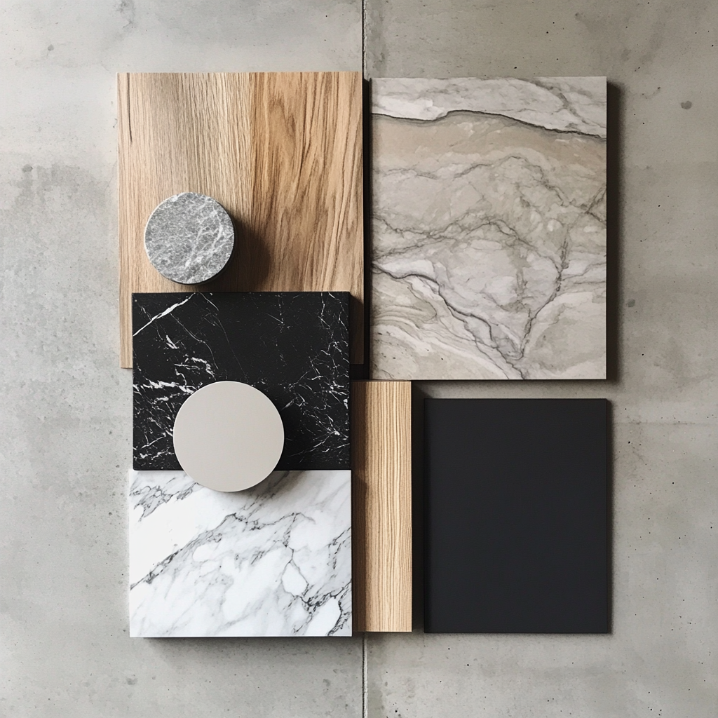 Material samples inspire interior design mood board with realistic minimalistic style.