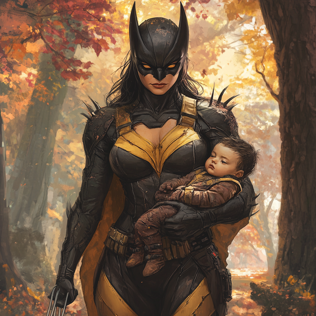 Maternal Wolverine holding baby in Canadian forest environment.