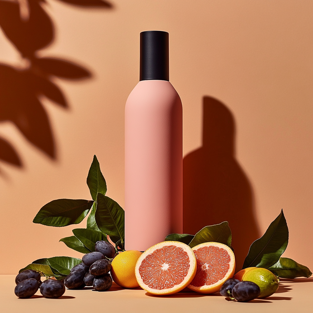 Matte pink bottle with grapefruit segments and foliage