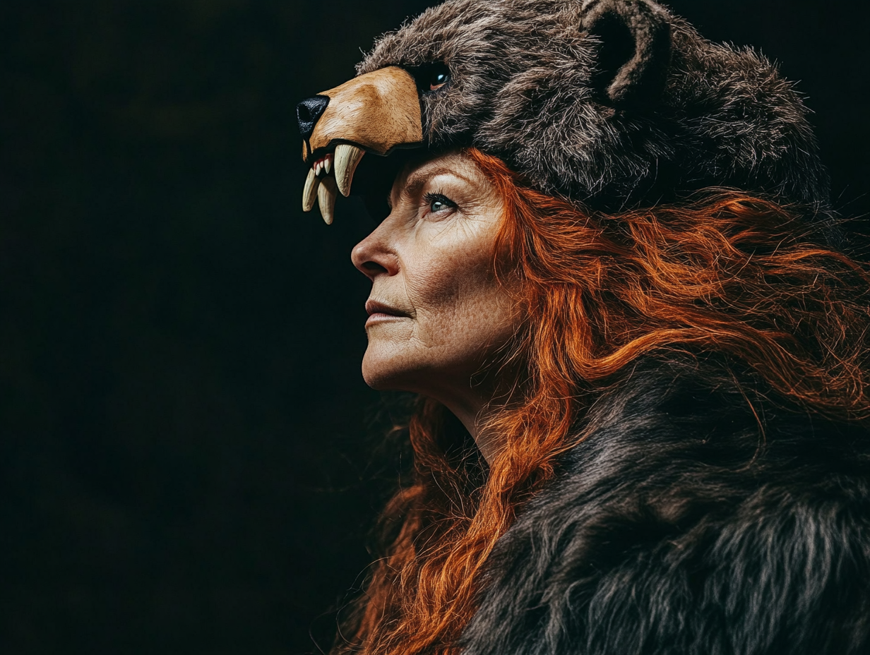 Mature Celtic woman in bear headdress, looking wise.